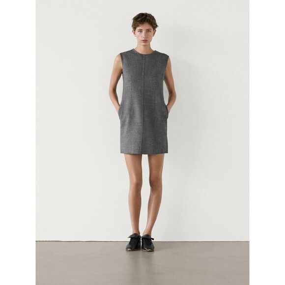 Massimo Dutti Womens Mini Dress M Medium wool linen Grey Black 6673/673 NWT - Picture 1 of 13